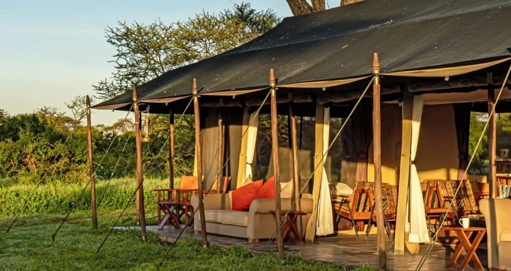 Lemala Mara & Ndutu Tented Camps: Guest tent exterior in late light: veranda with sofa and camp chairs