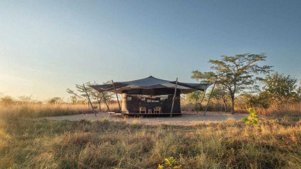Usangu Expedition Camp: Guest tent on a raised platform among dry grass and scattered trees